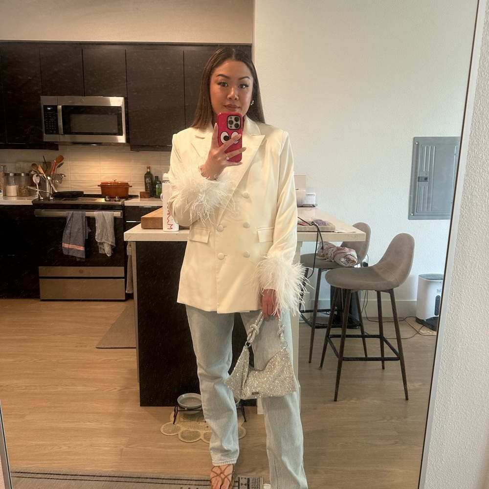 Nastygal ivory blazer with feather sleeve detail